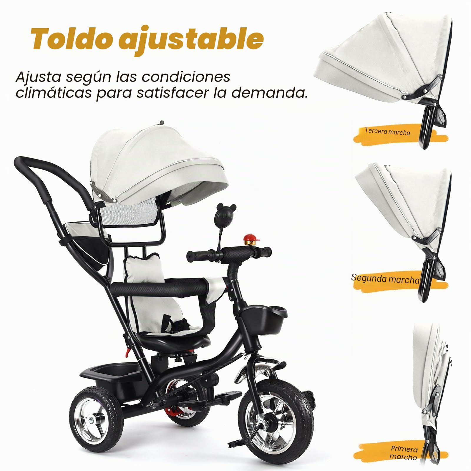 Supfine Triciclo de bebé escalable, triciclo evolutivo 4en1,triciclo infantil de 9 meses hasta 25 kg, con varilla de empuje ajustable en altura, asiento giratorio delantero y trasero, plegable (gris)