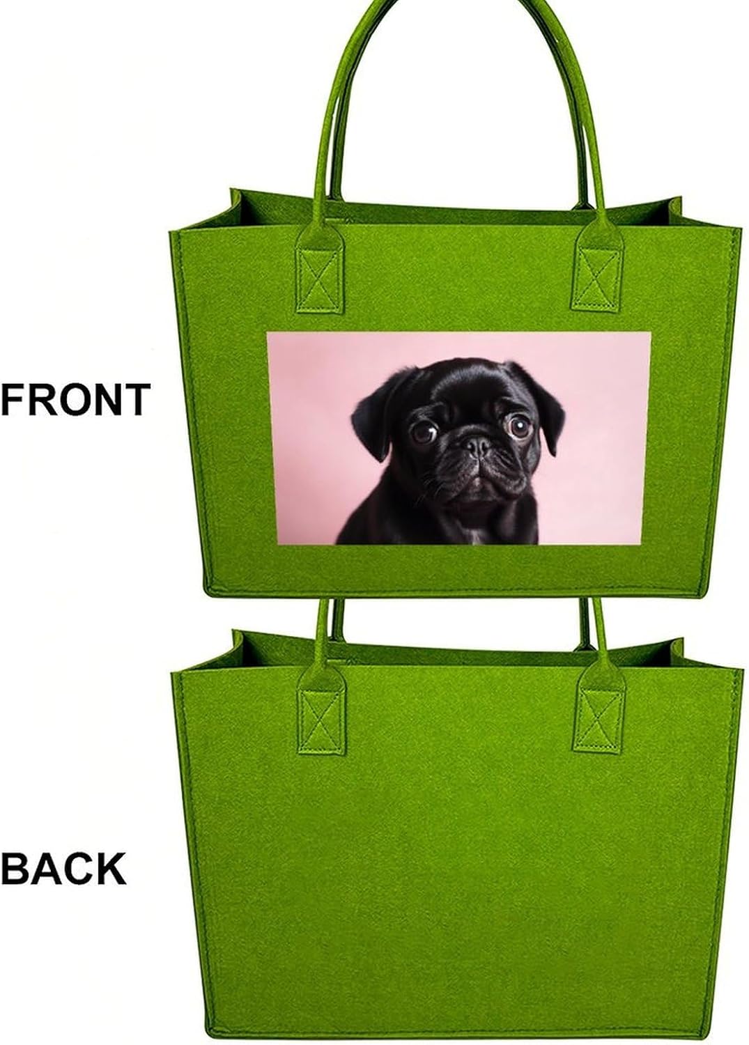 Cute Black Pug Tote Bag for Unisex, Large Felt Shopping Bag with Handles, Handbag, Reusable Gift Bag