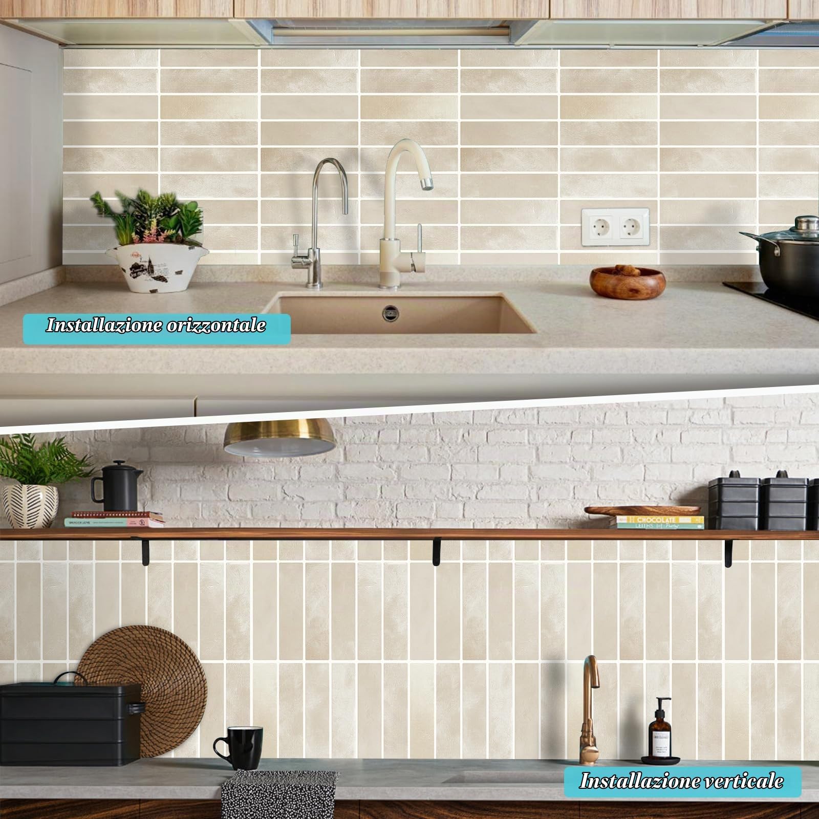 10 Piastrelle Backsplash Autoadesivo 3D, Paraschizzi Cucina Adesivo Verde, Mattonelle Adesive, Rivestimento Parete Adesivo, piastrelle bagno per Bagno, Cucina (K-Beige-22.9x29CM)