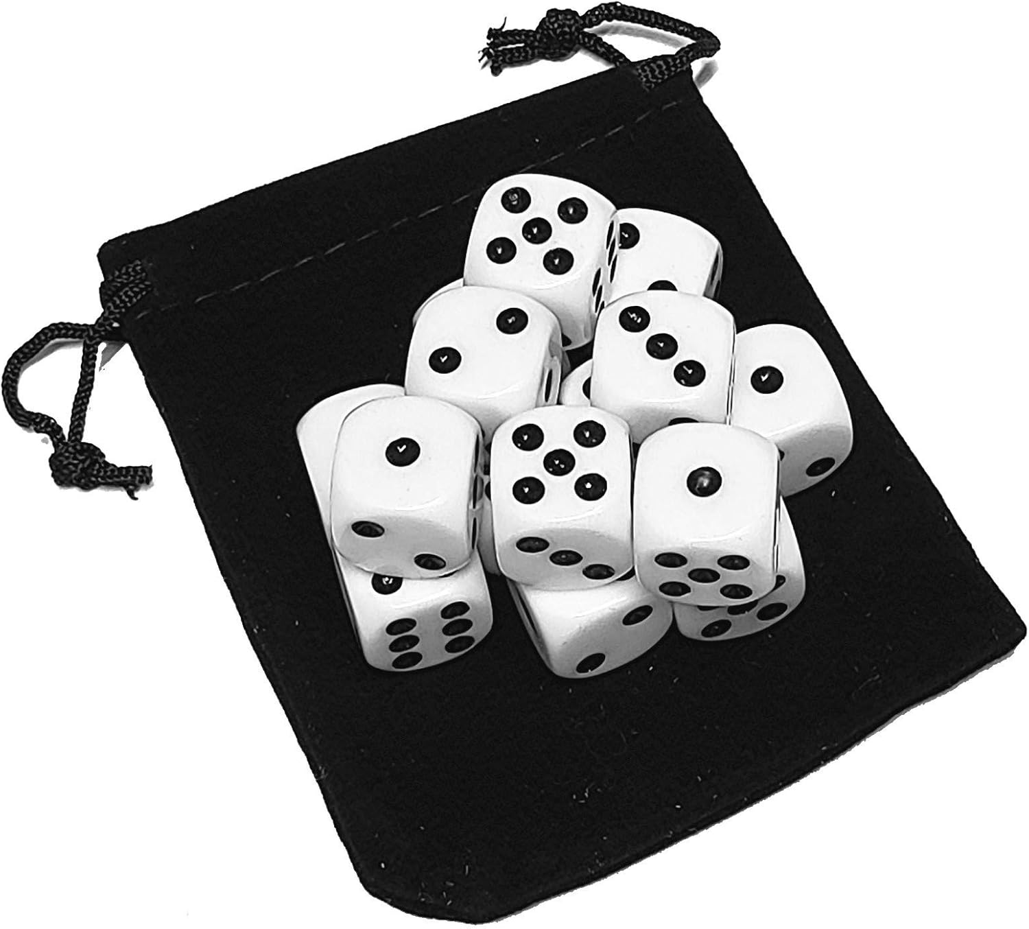 Cyber-Deals Set of 16mm Rounded Corners 6-Sided Opaque Pip Dice with Black Velvet Pouch ((15) White Pip Dice)