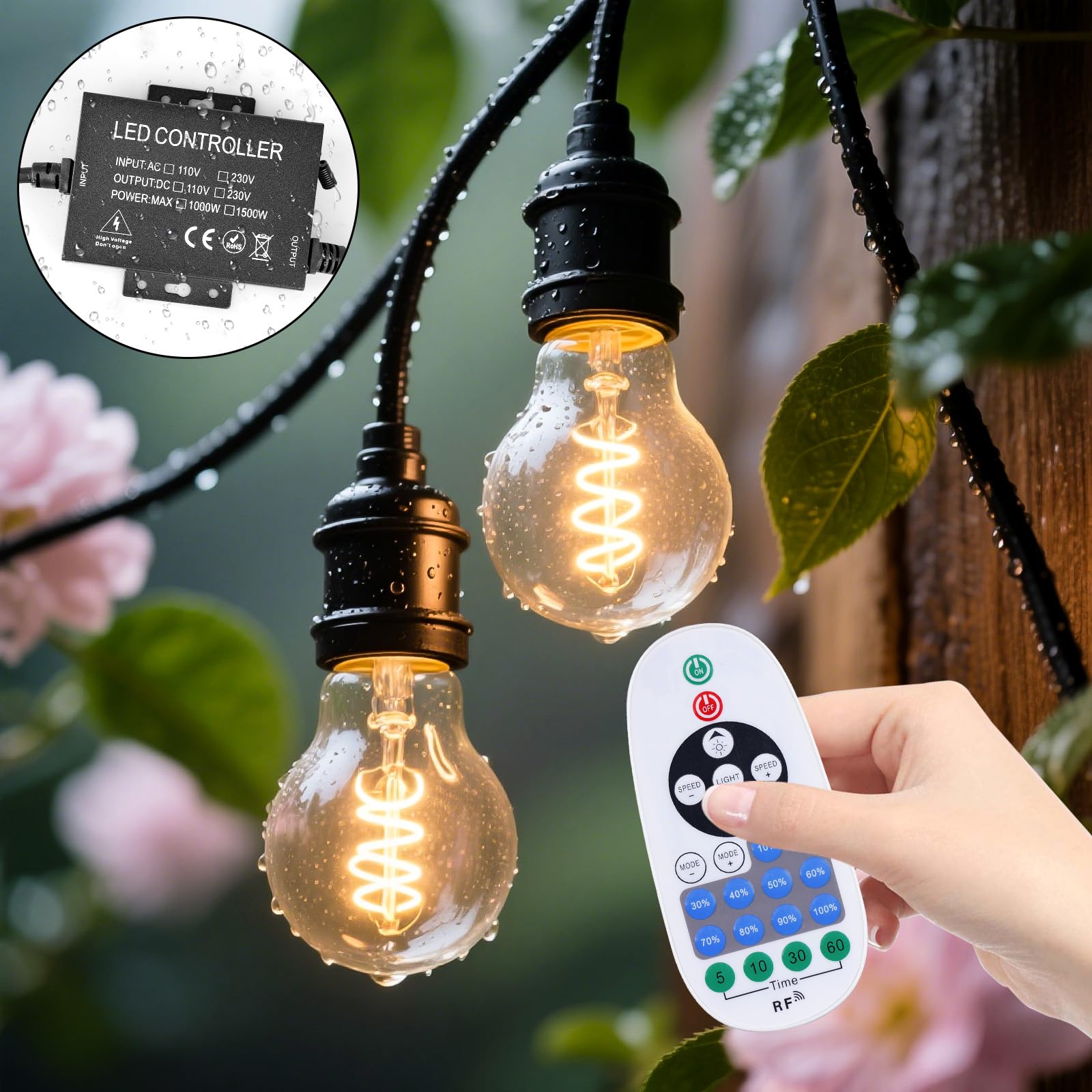 Cadena de luces LED de 1500 W, regulador de intensidad con mando a distancia, CA 220-240 V, interruptor de enchufe, regulador de intensidad para tiras de luz y lámparas regulables, Bluetooth+mando a