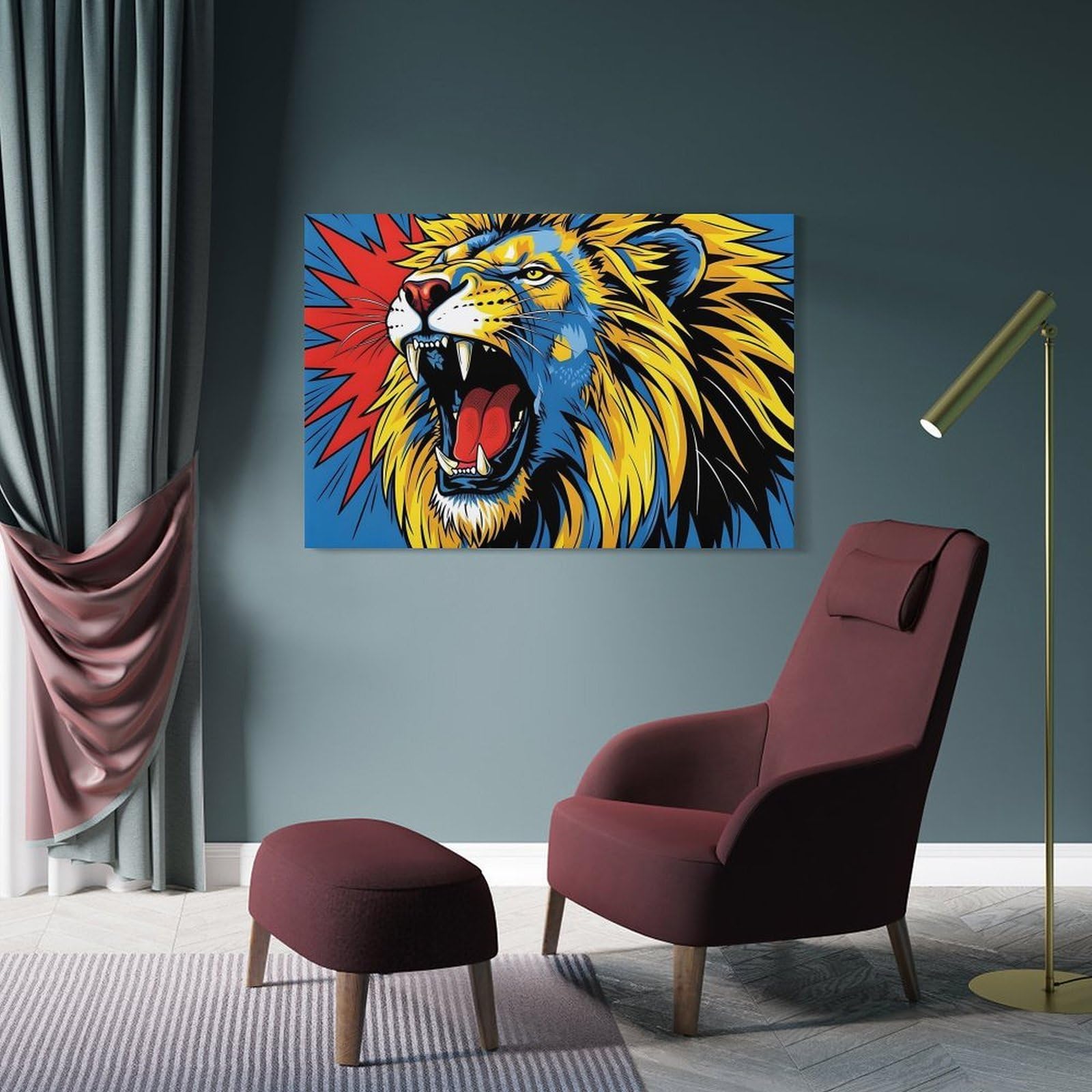 Junmoney Frame-Style-15 Roaring Lion Pop Art Illustration Canvas Wall Decor, 20X30inch(50X75cm), For Flats, Guest Rooms Or Compact Rooms, Decorative Canvas Decor For Home Updates