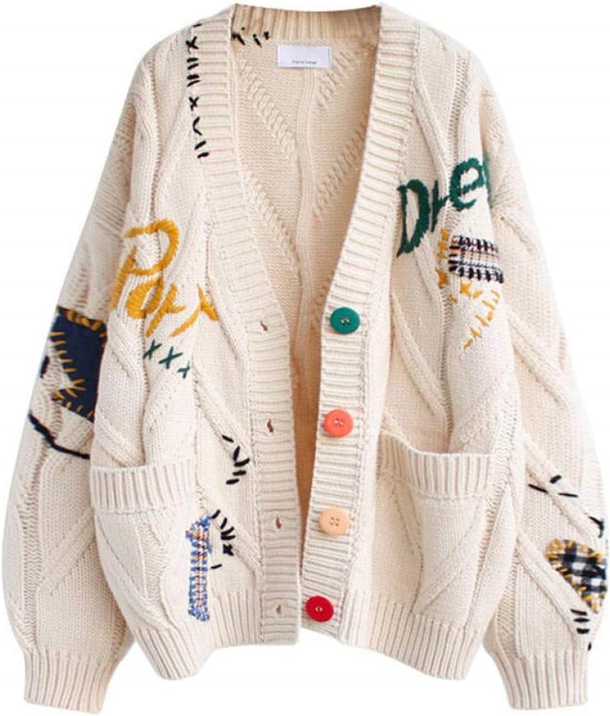 SAGGION Women's Cable Knit Long Sleeve Cardigan V Neck Colorful Open Front Button Embroidered Knitted Sweater Coat Pocket，S