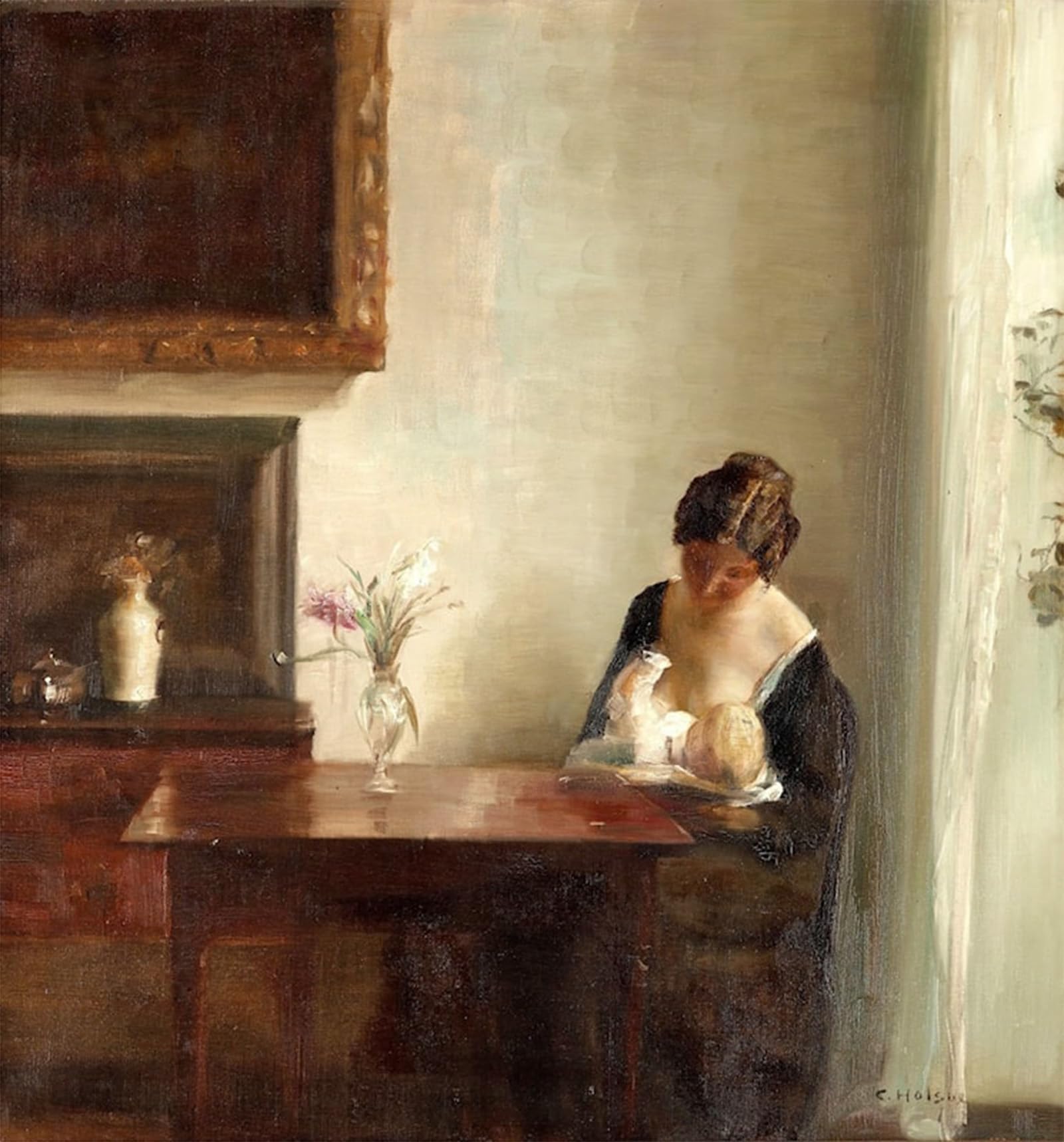 SERENDIPITP Vintage Picture Print on Canvas Wall Art Poster Interior with Woman and Child Carl Vilhelm Holsoe Artwork Print Poster for Wall Decor 60x90cm