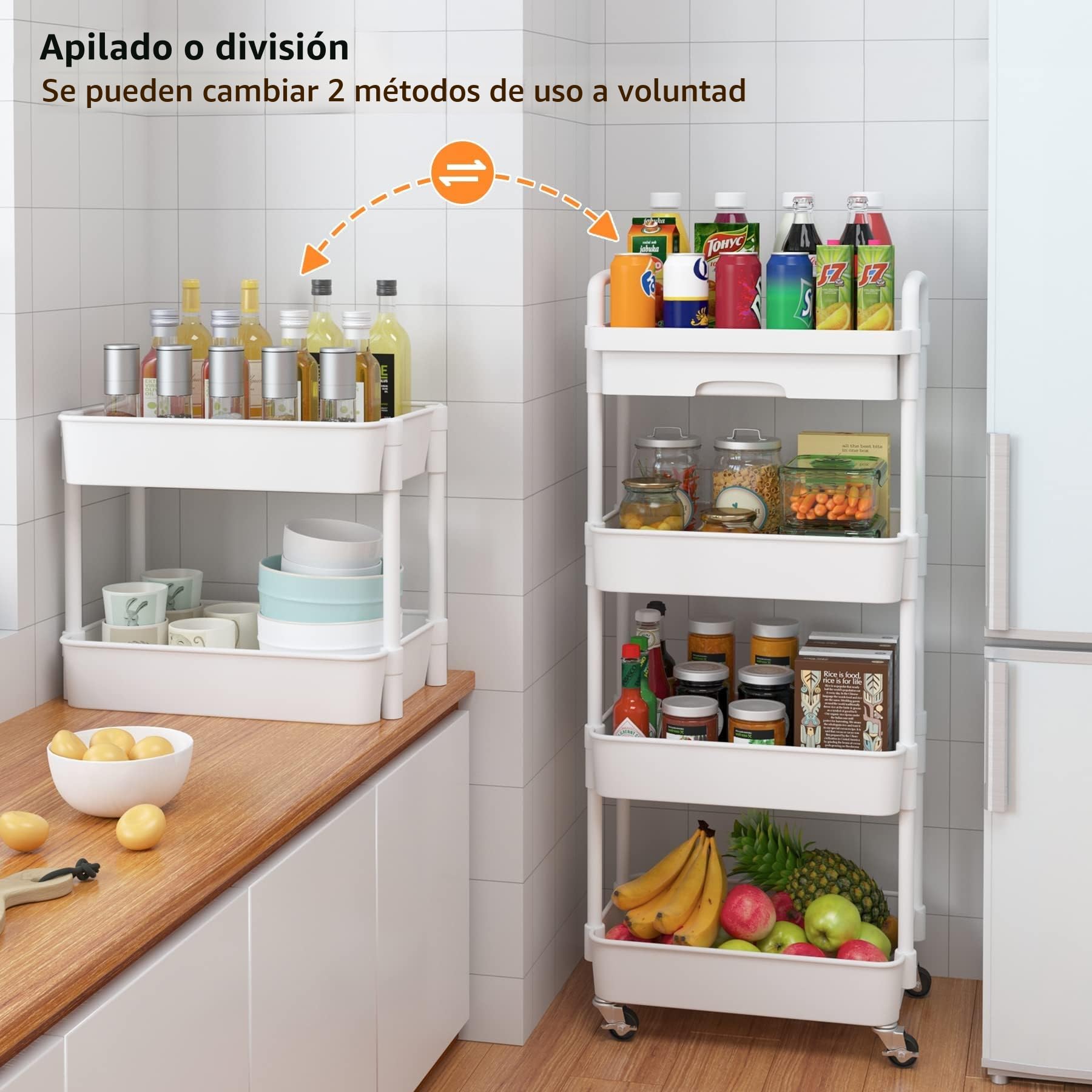 3/4 Niveles Carrito Auxiliar con Ruedas Carro Almacenaje con Ruedas e Cajones Verdulero Auxiliar Carrito Organizador para Cocina Baño