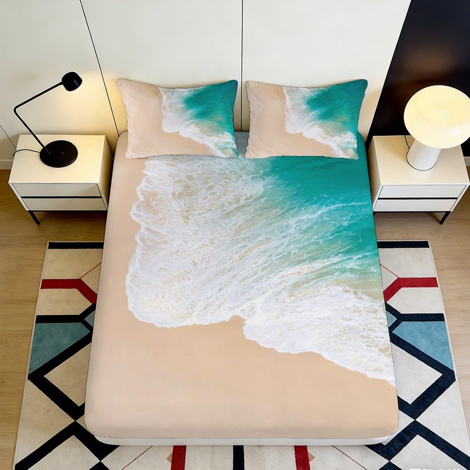 Uynsixtme Style-10 3D Printed Ocean Wave Pattern Fitted Sheet Microfiber Deep Pocket Bedroom Bedding Non-Slip Beach Mattress Fitted Cover For Adults Washable 140X200x25cm