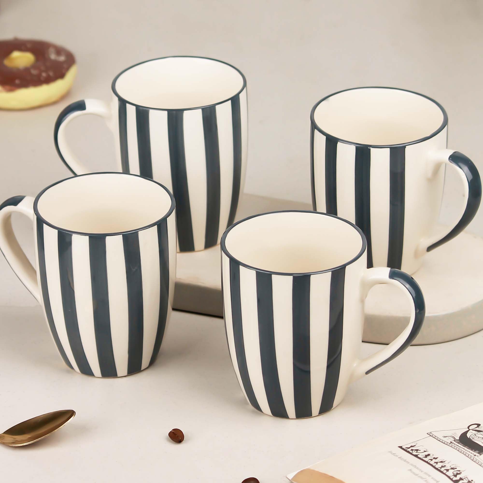 The Earth Store Grey Stripe Coffee Mug - 420ml Each Capacity, Microwave and Dishwasher Safe, Ceramic Coffee Mug for Every Occasion (Set of 4)