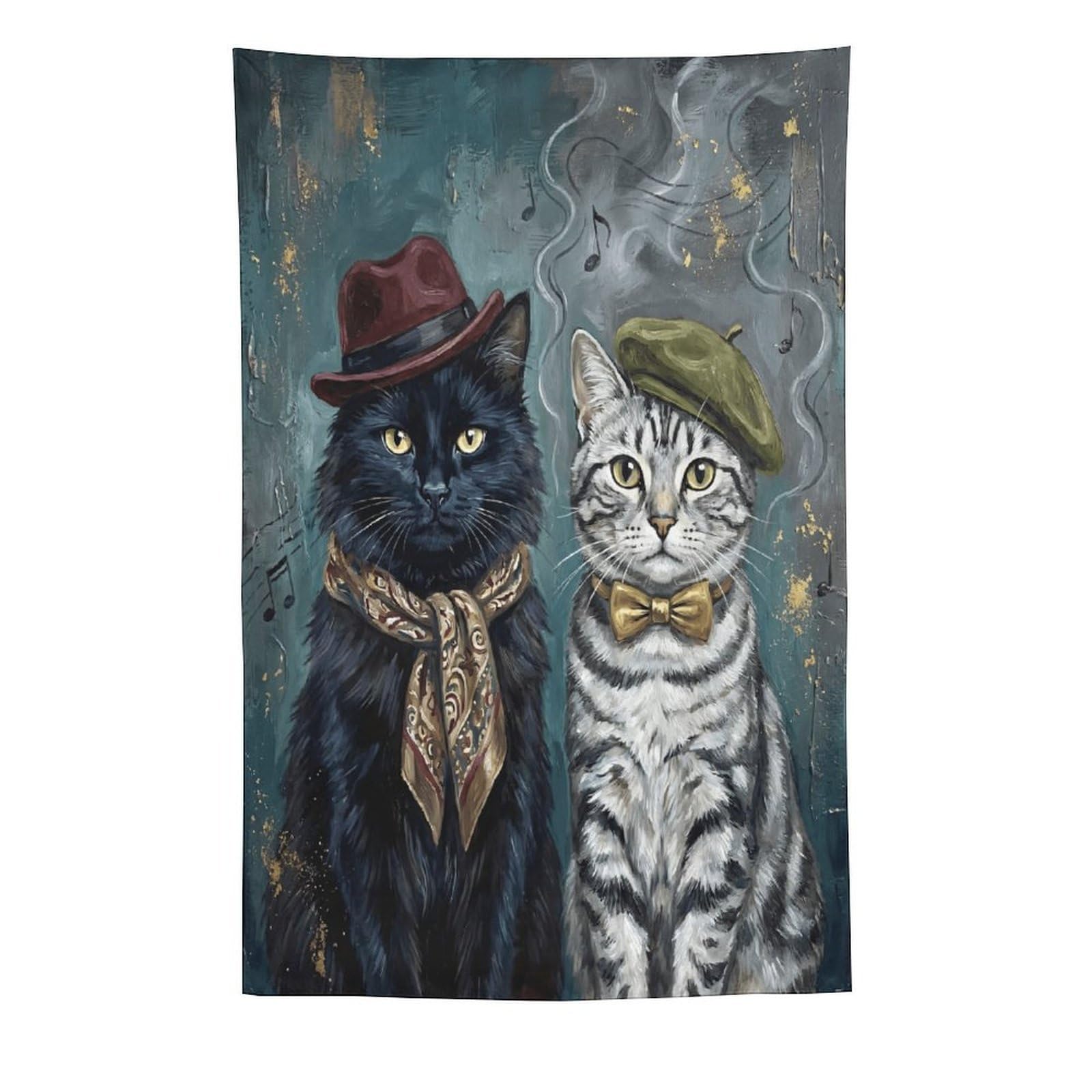 W7C8U2X3 Vintage Dapper Cat Pair Wall Tapestry, Realistic Illustration