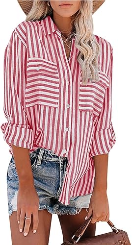 Miniatura 2 de Camisas largas con botones para mujer, ajuste holgado, manga larga, a rayas, con bolsillo con solapa, camisetas informales y elegantes para el