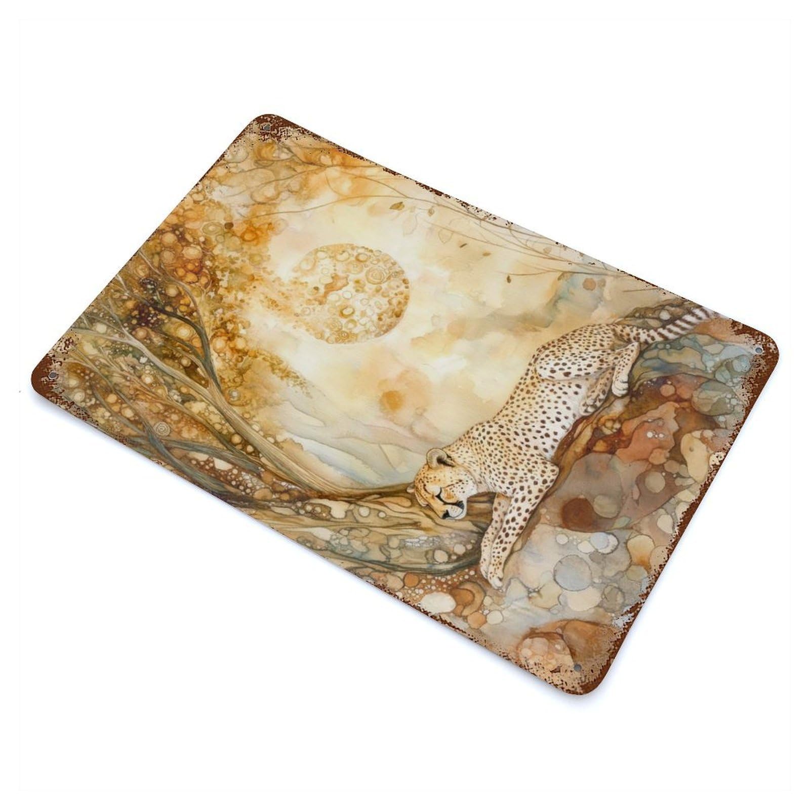 Rust Effect Cheetah Under A Golden Moon Aged Metal Wall Plaque 11.8"x7.9", Rustic Home Decor for Bistro, Counter And Cafe Decor