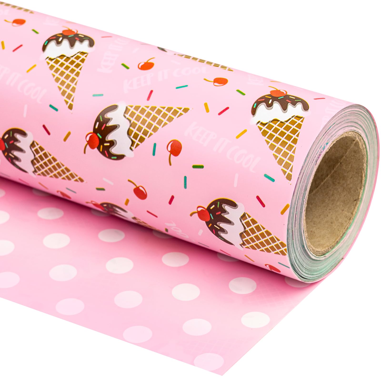 WRAPAHOLIC Reversible Wrapping Paper - Mini Roll - 17 Inch X 33 Feet - Ice-Cream Design for Birthday, Holiday, Party, Baby Shower