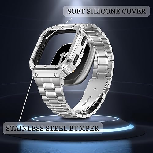Miniatura 3 de Correa de reloj de acero inoxidable con funda compatible con Fitbit Versa/Fitbit Sense Bands, pulseras de metal protectoras resistentes para hombres