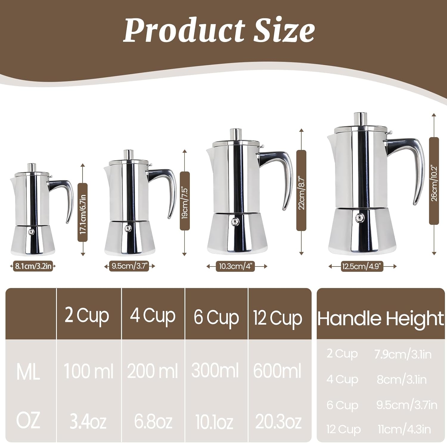 12 Cup Thickened Moka Pot 304 Stainless Steel 600ml Italian Espresso Coffee Maker Stovetop CoffeeMakers Mocha Pot Percolator for Induction Stove Classic Cafe Makers Portable for Easy Brewing