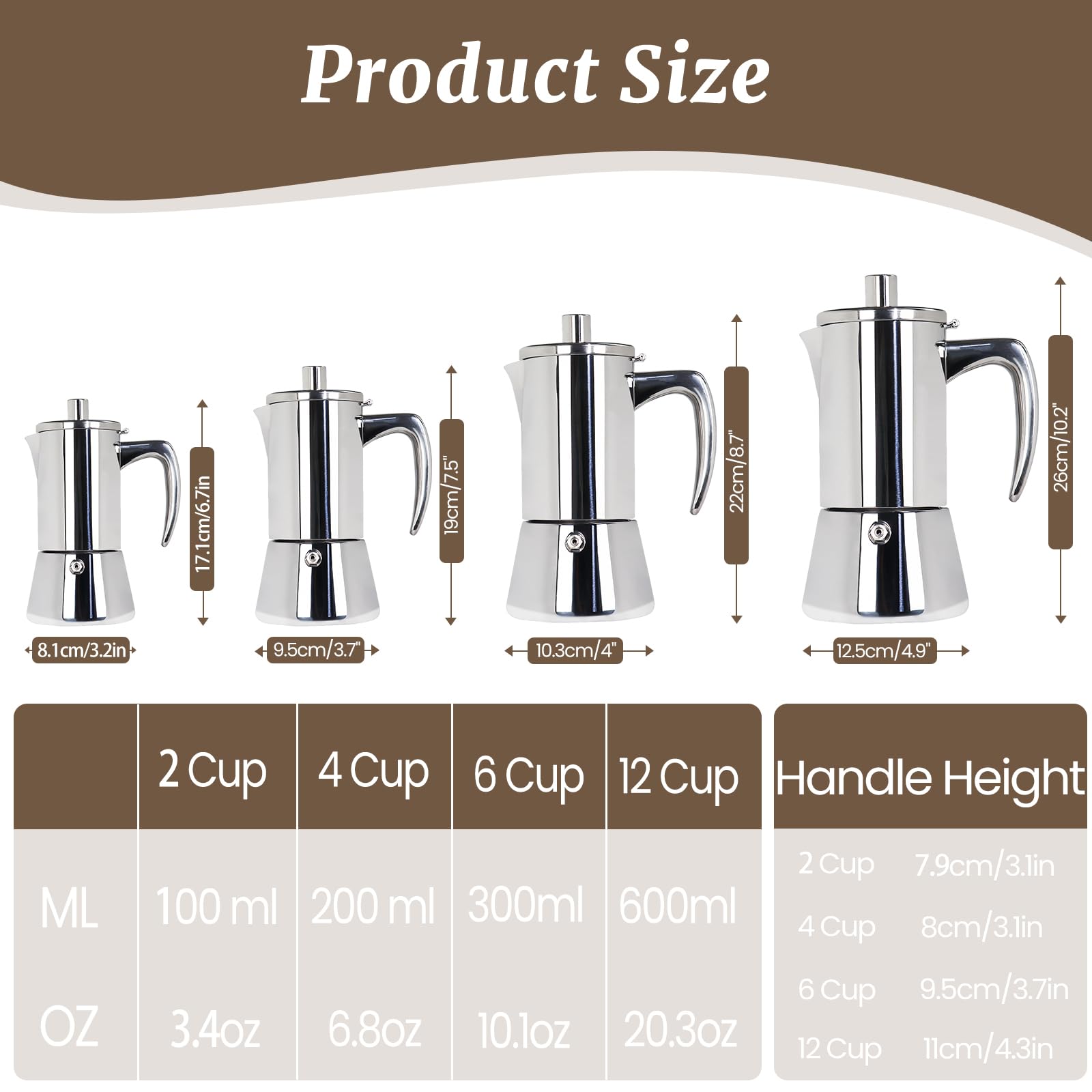 Mokka-Kanne aus 304er Edelstahl italienische Espressokaffeemaschine Herd-Kaffeemaschine Mokkakanne (Silver, 12 Tasse)