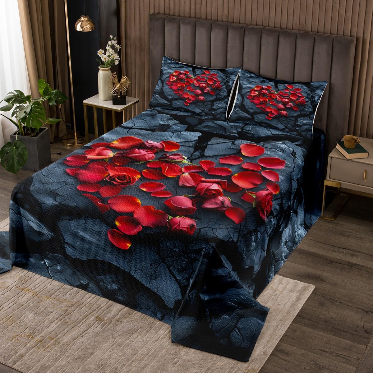 Valentine's Day Bedspread for Kids Boys,Romantic Red Rose Flowers Print Coverlet Set Bedroom Decor Soft Quilted,Floral Stone Pattern Couple Gift Quilt Set with 1 Pillow Sham, Twin Size