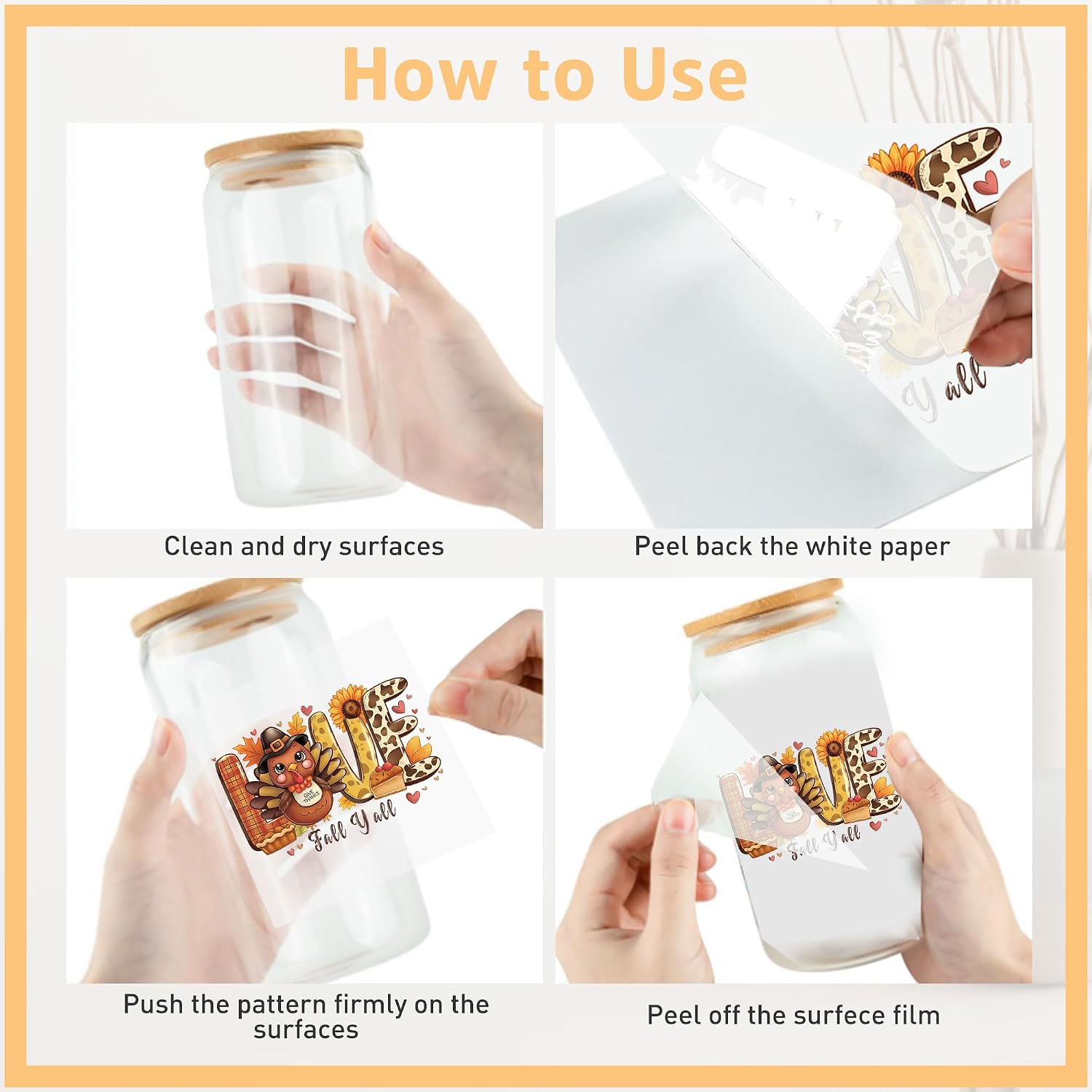 Fall UV DTF Cup Wraps, 30 Sheet Rustic Pumpkin Sticker for 16 OZ Glass