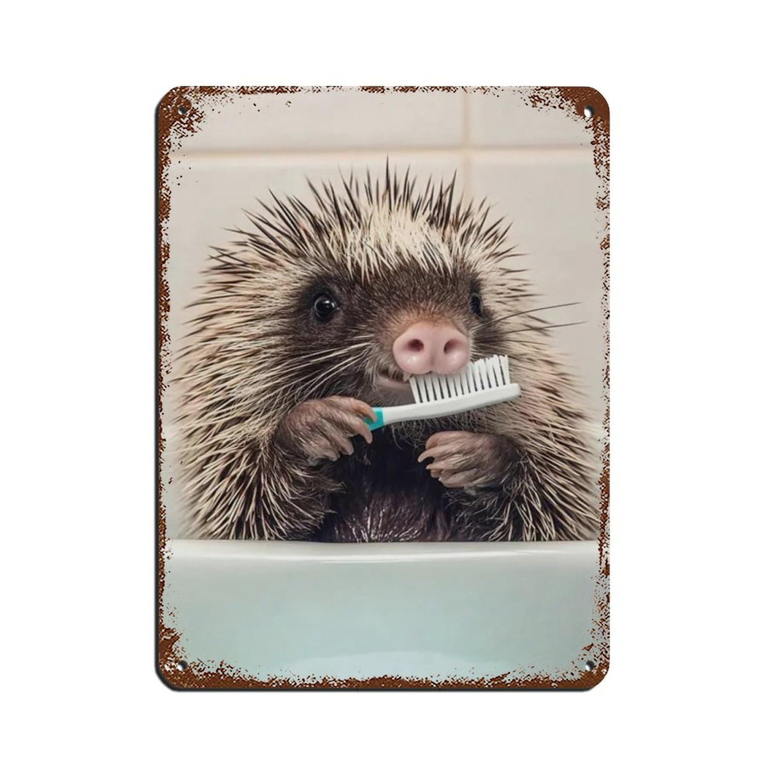 Porcupine Brushing Teeth, Funny Bathroom Art Retro Poster Metal Tin Sign Chic Art Retro Iron Painting Bar People Cave Cafe Family Garage Poster Wall Decoration 12x16inch(30x40cm)