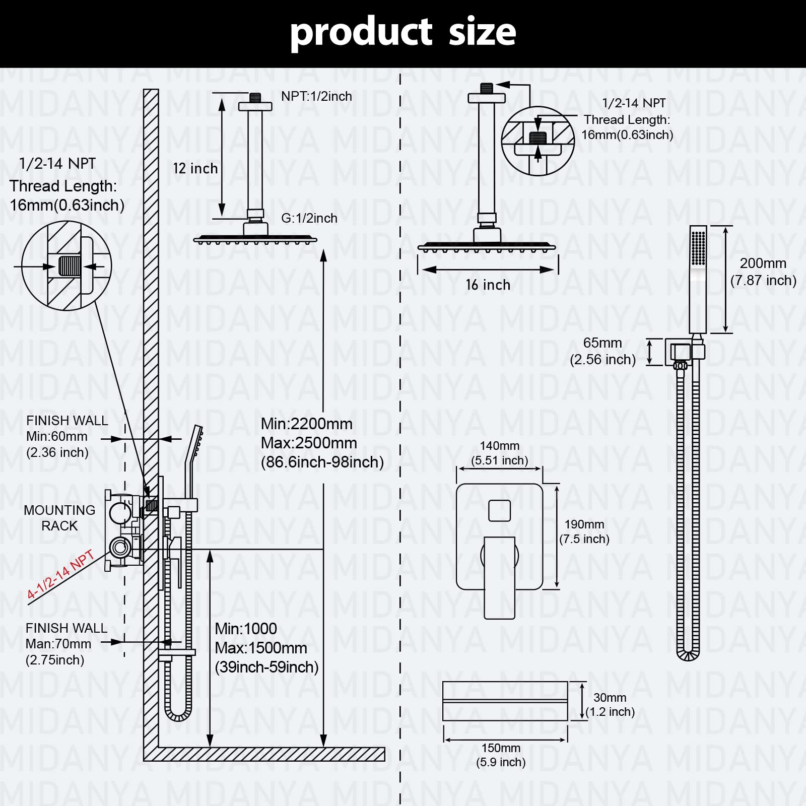 Midanya Polerowany chromowany system prysznicowy zestaw baterii prysznicowej 40 cm kwadratowa głowica prysznicowa z deszczownicą montowana na suficie z wylewką wodospadową i ręcznym natryskiem