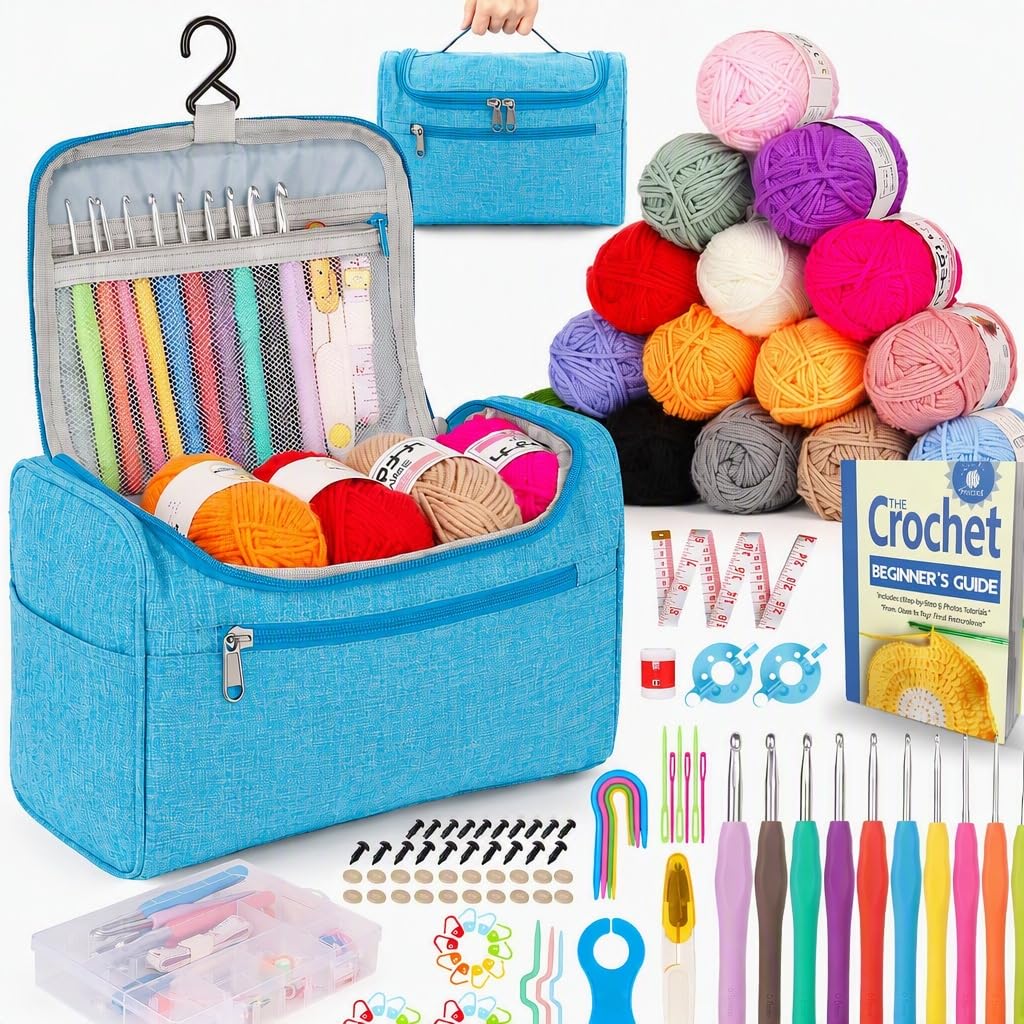 Reessy Crochet Kit, Crochet Kits for Beginners Adults Include Instructions 10 Size Crochet Hooks 15Pcs×25g Yarn Storage Bag and Crochet Accessories, Complete Beginners Crochet Set-Blue