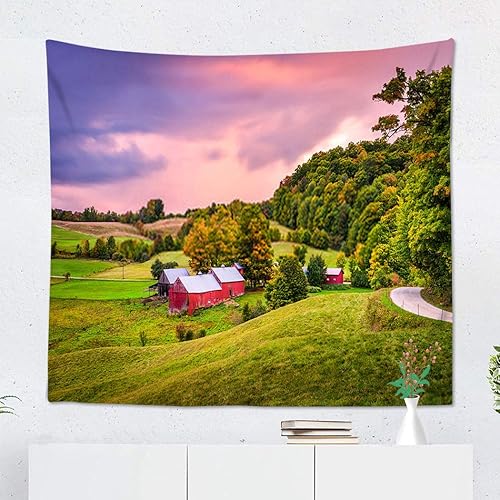 Miniatura 3 de Suklly Tapiz para colgar en la pared, tierras de cultivo en Vermont, casa de campo, árboles verdes cielo, decoración del hogar, poliéster, sala de