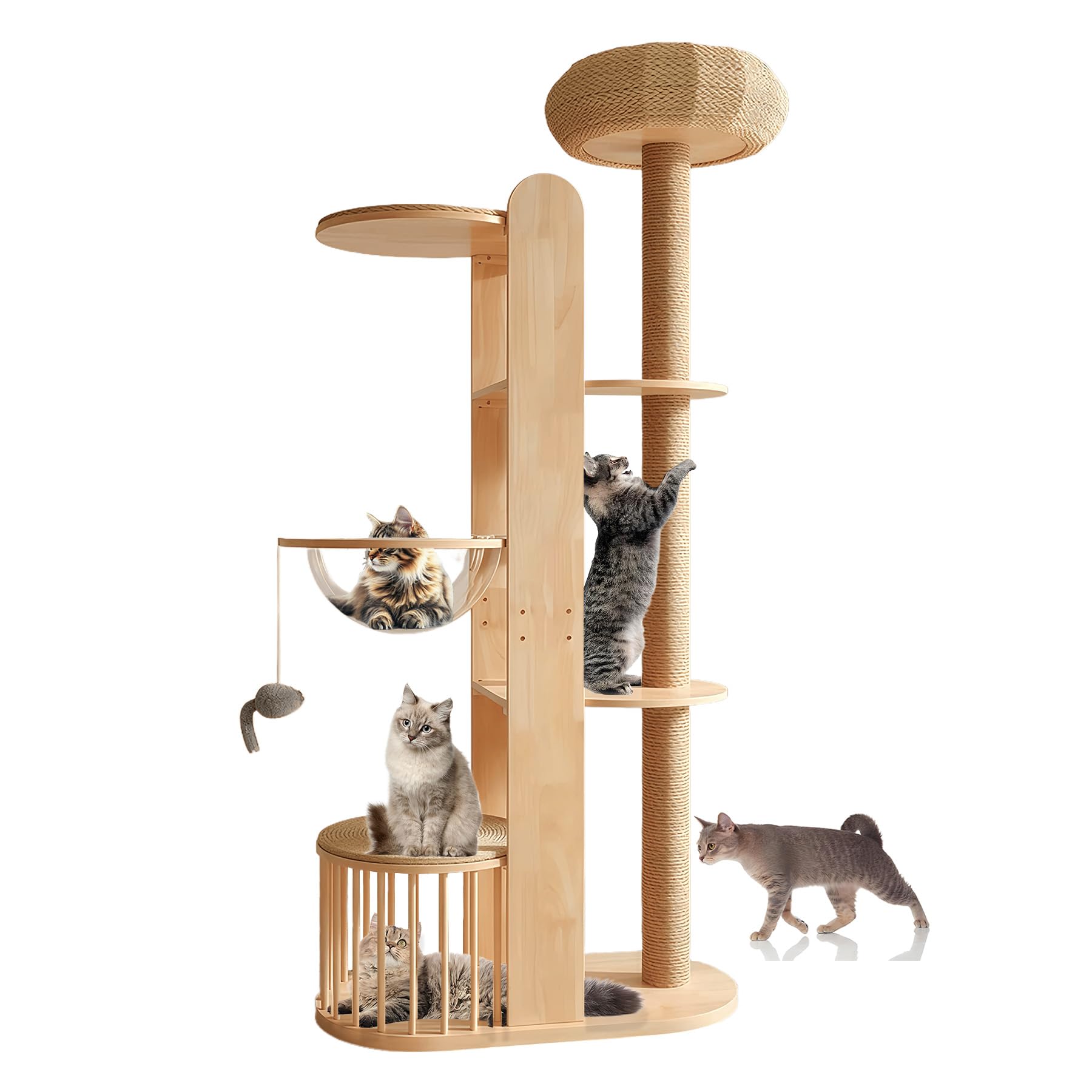 Rascador grande, pesado y estable, de madera maciza, 190 cm – Árbol rascador XXL con revestimiento de sisal, 3 plataformas, 1 casa tejida para gatos y juguete para ratón, robusto árbol de escalada