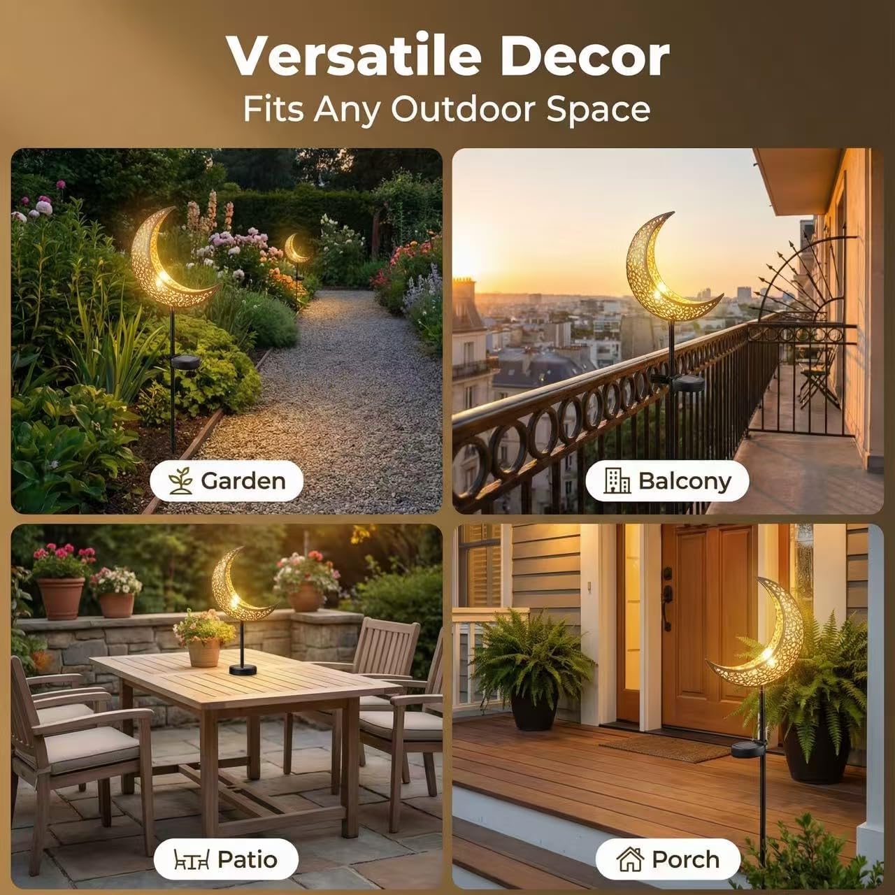 Moon Solar Lights Outdoor Decor - Waterproof Solar Powered Crescent Garden Lights with Auto On/Off, Warm White LED for Patio, Yard, Lawn - Ideal Gift for Mom, Wife, Grandma (Bronze)