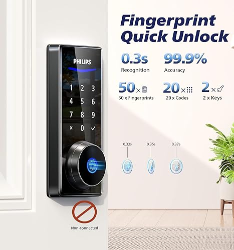 Miniatura 4 de Philips Cerradura de puerta de huellas dactilares, pantalla táctil, teclado digital con llaves, entrada biométrica electrónica sin llave, bloqueo