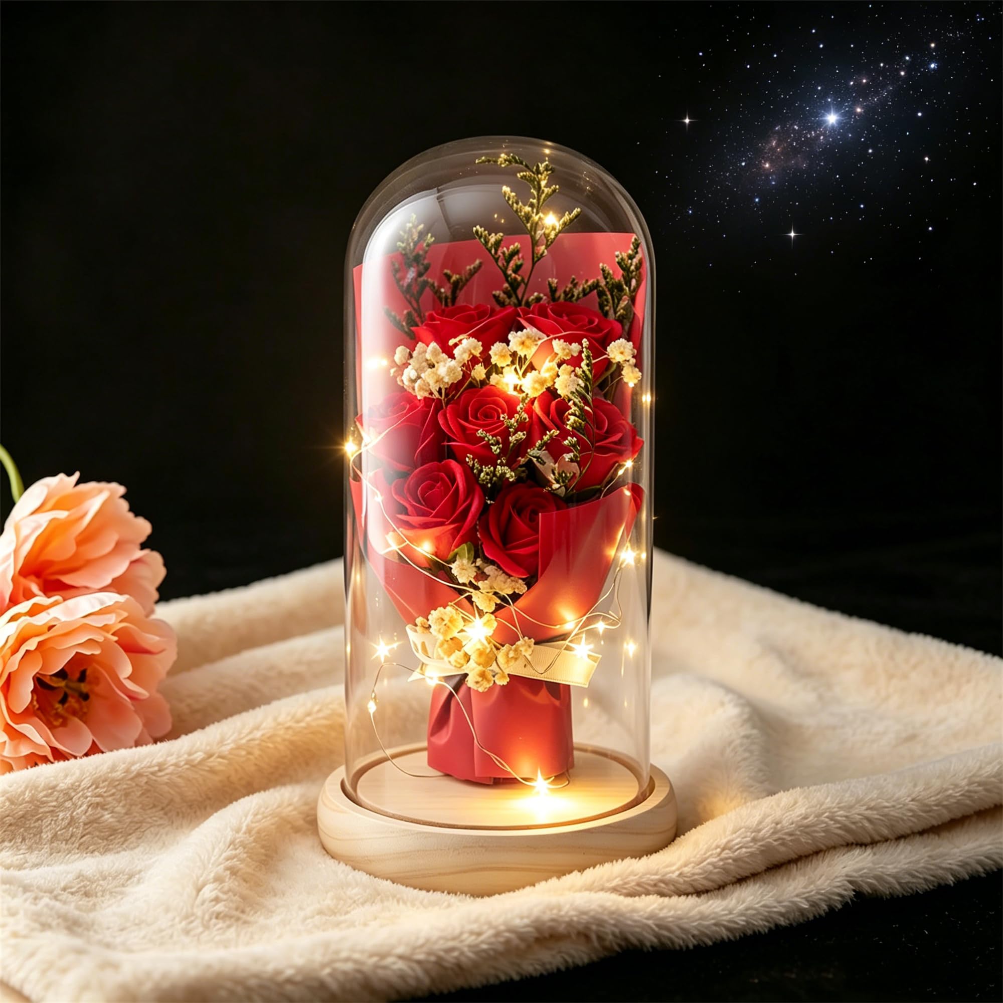 Rose éternelle artificielle sous dôme de verre lumineuse pour cadeau