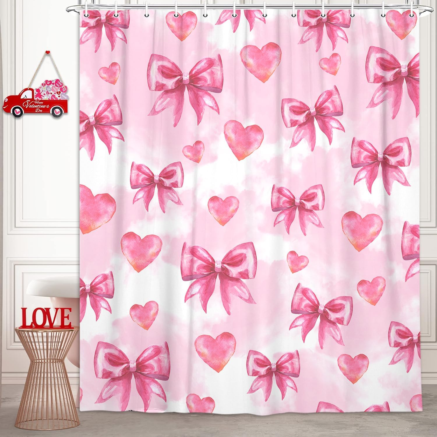 Cute Pink Bow Shower Curtain, Light Pink Romantic Butterfly