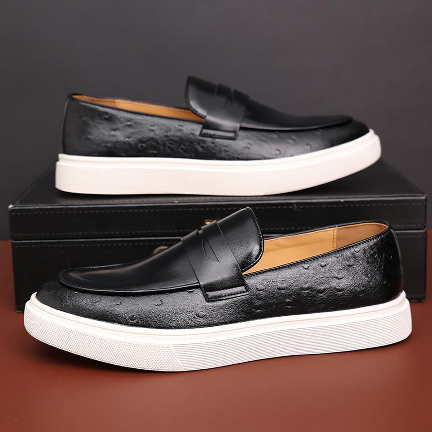 Runscbk Men's Leather Platform Penny Loafers Fashion Round Toe Slip On Tuxedo Dress Shoes for Party Wedding Smoking Shoes - Image 6