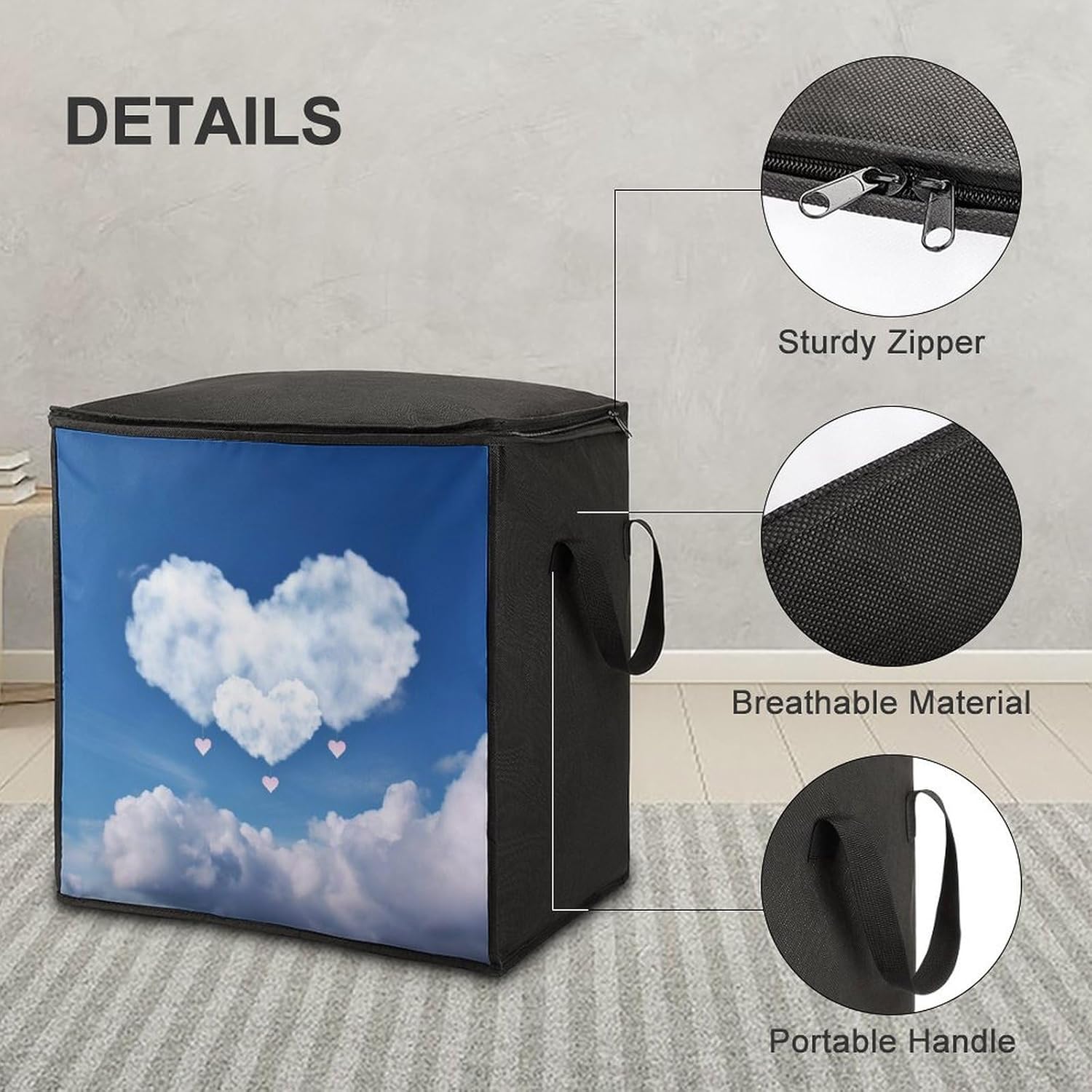 Quilt Storage Bag,Sky And Heart Shape Cloud Printed Large Foldable Storage Container Portable Travel Storage Bag for Blankets, Quilts, Clothes, Comforter, Bedding And Pillows