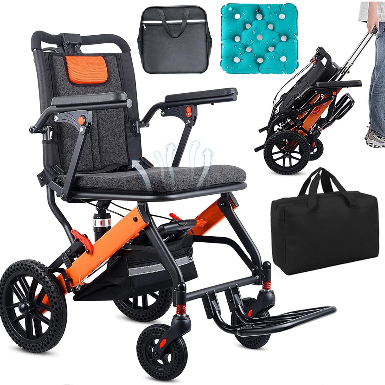 Améliore le fauteuil roulant pliable léger, avec manche télescopique, coussin de siège gonflable, fauteuil roulant ultra léger, pliable, transport avec sac à dos surdimensionné