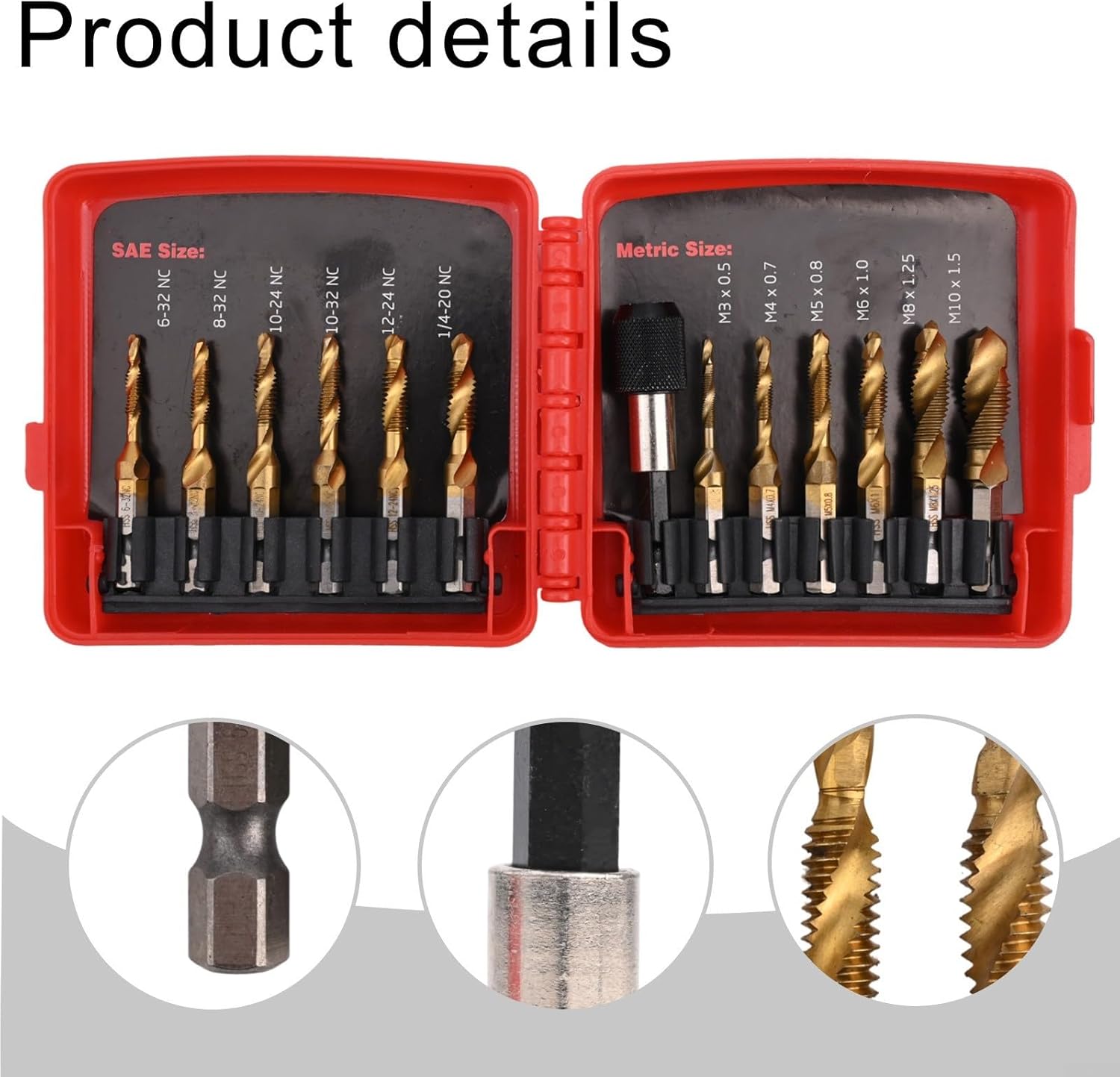 13-Piece SAE and Metric Tap & Drill Bit Set with Quick-Change Hex Shank — High- Steel Taps –M10 & 6–32NC to 1/4-20NC, Includes Countersink & Deburring Function