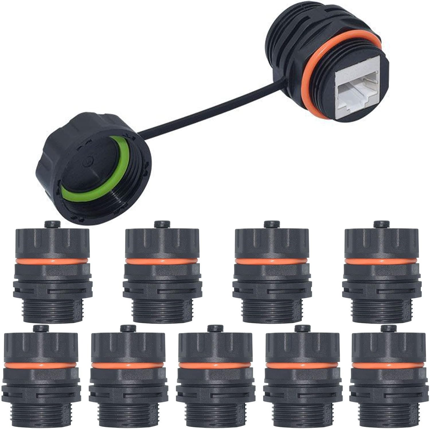 10PCS Panel Mounting Shielded CAT6A RJ45 Waterproof Connector Cat5/5e/6/6E 8P8C Ethernet LAN Cable Coupler Double Head Adapter with Waterproof/Dust Cap