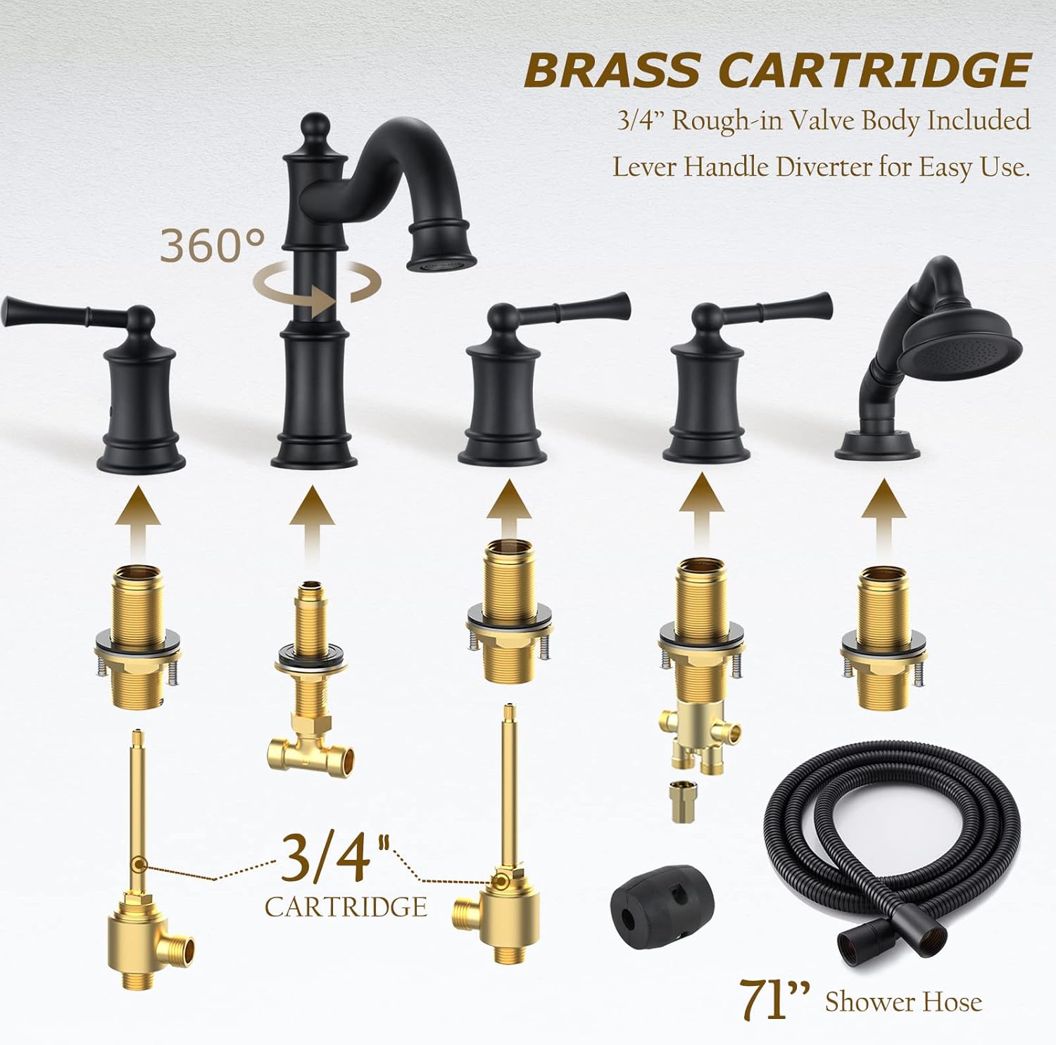 Roman Bathroom Faucet Shower Set, Deck Mount Bathtub Faucet 5 Hole Piece, Vintage Shower System Faucet, Rain Shower Head & High Pressure Handheld Shower, Matte Black