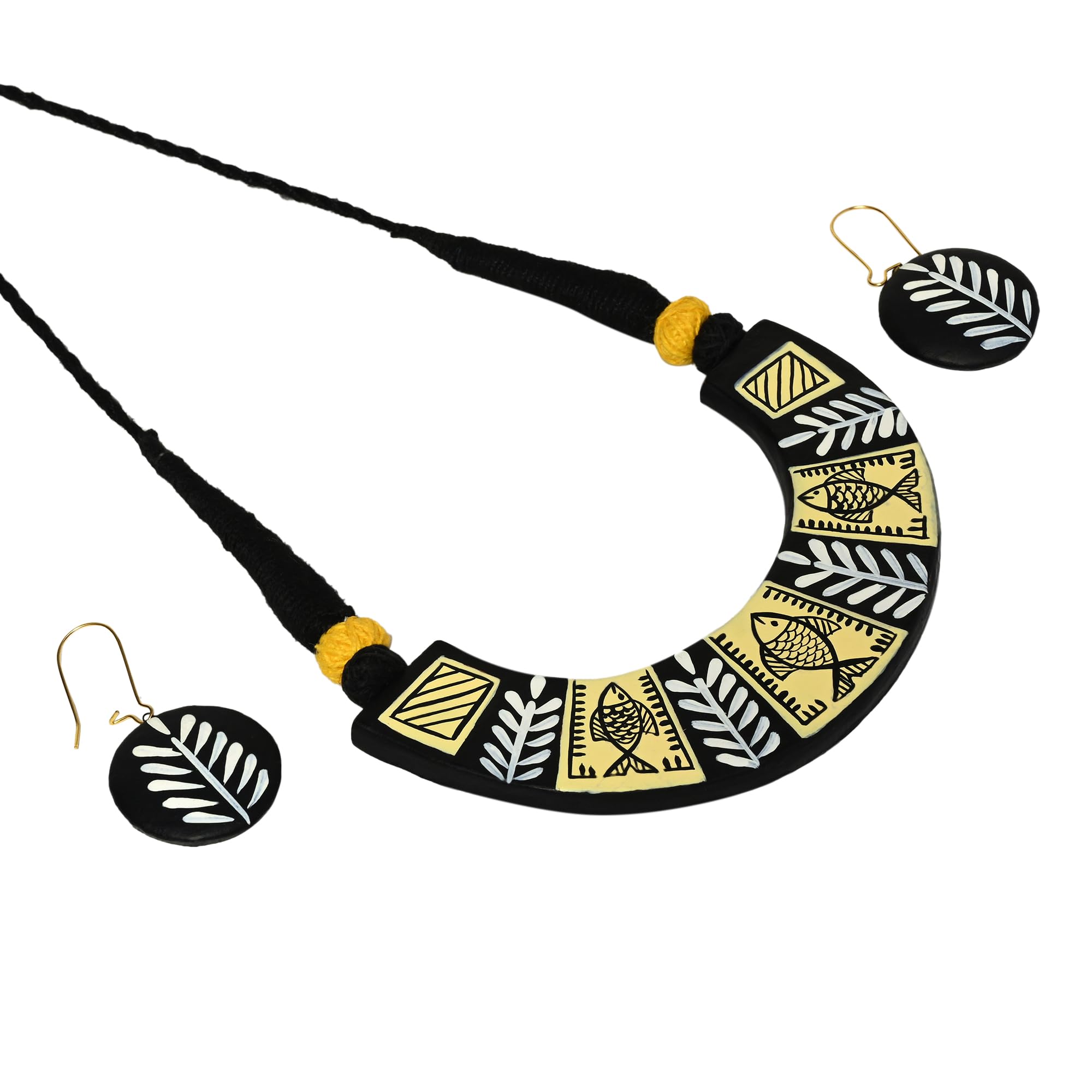 Le bijouxistic EKAM EK black and cream Madhubani Inspired Terracotta necklace set