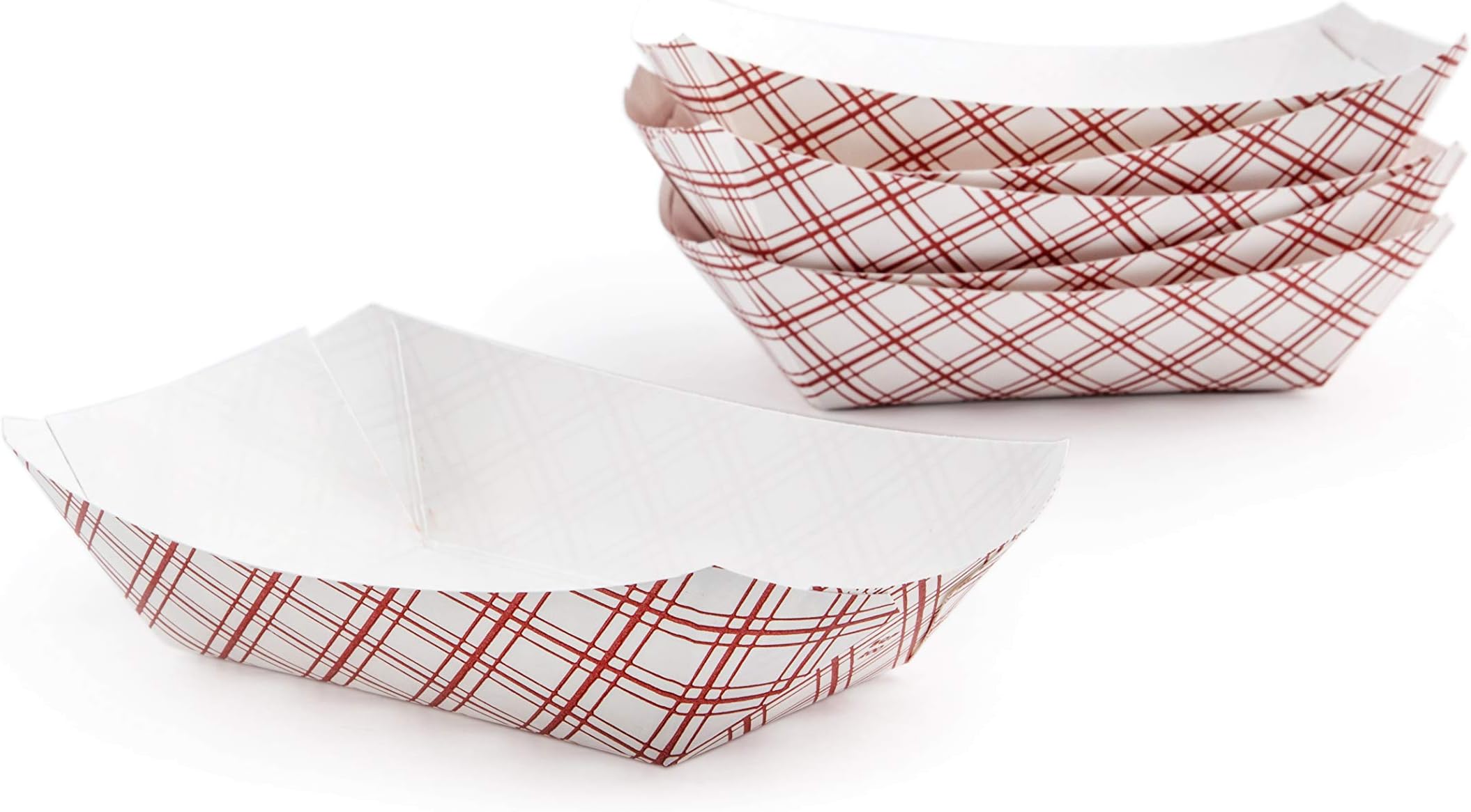 PaperMi Red Plaid Paper Food Tray - 2.5lb (250pcs) - Disposable Kraft Hot Dog Tray, Paper Food Trays for Picnics, Carnivals, Camping - Food Serving Tray Holds Hot and Cold Food- USA Made