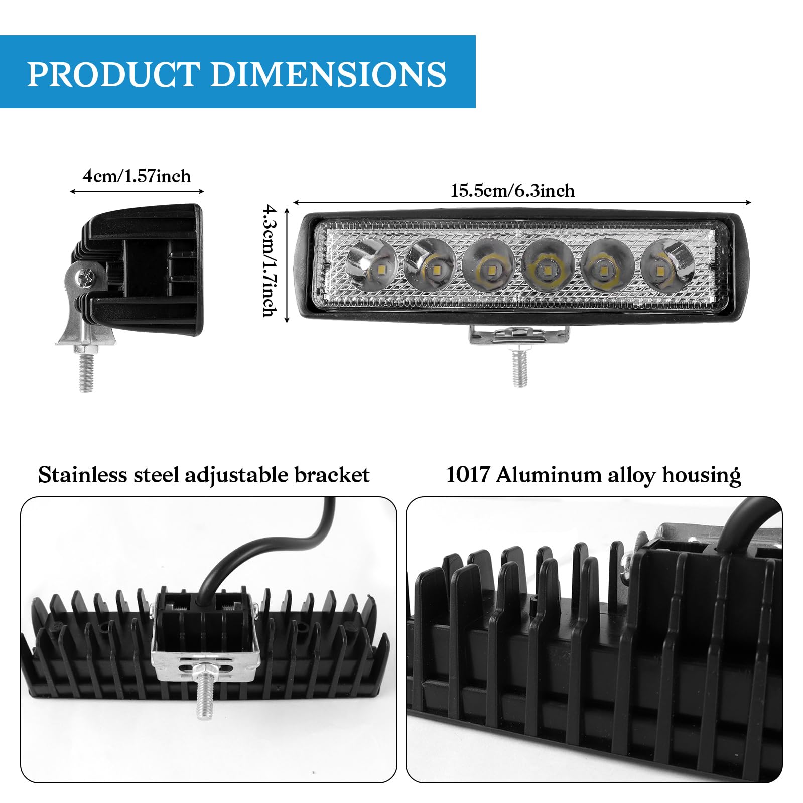 2 x reflektor roboczy LED do samochodu terenowego, 18 W, 12 V, 6000 K, IP67, wodoodporny, do koparek Suv, Utv, ATV, ciężarówki, 2 szt