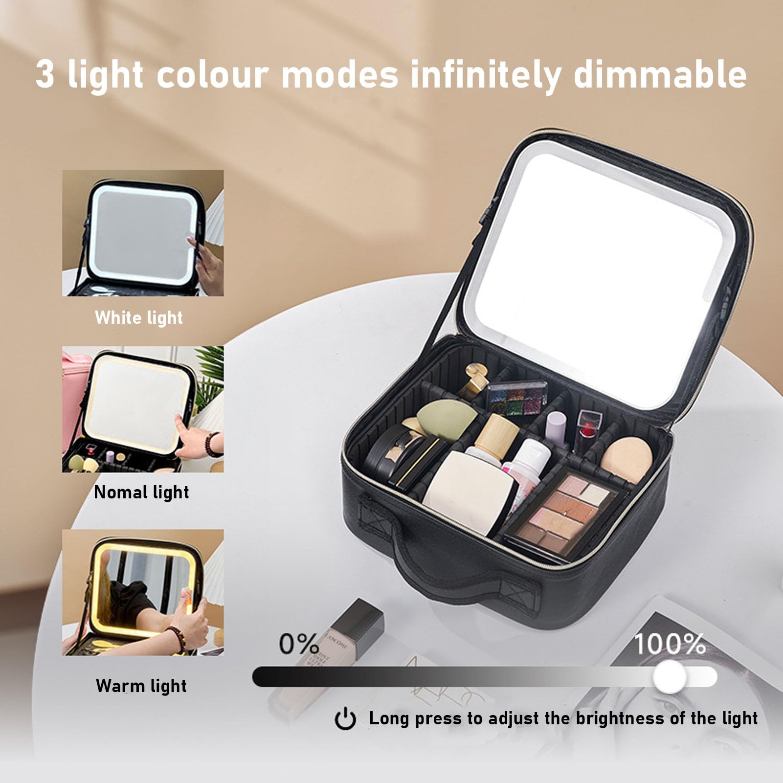 Reise-Make-up-Tasche mit LED-beleuchtetem Spiegel,Make-up-Etui, Reise-Kosmetiktaschen, Pinsel-Organizer,Aufbewahrungsbox mit Spiegel mit 3Farblichtern und Verstellbaren Trennwänden