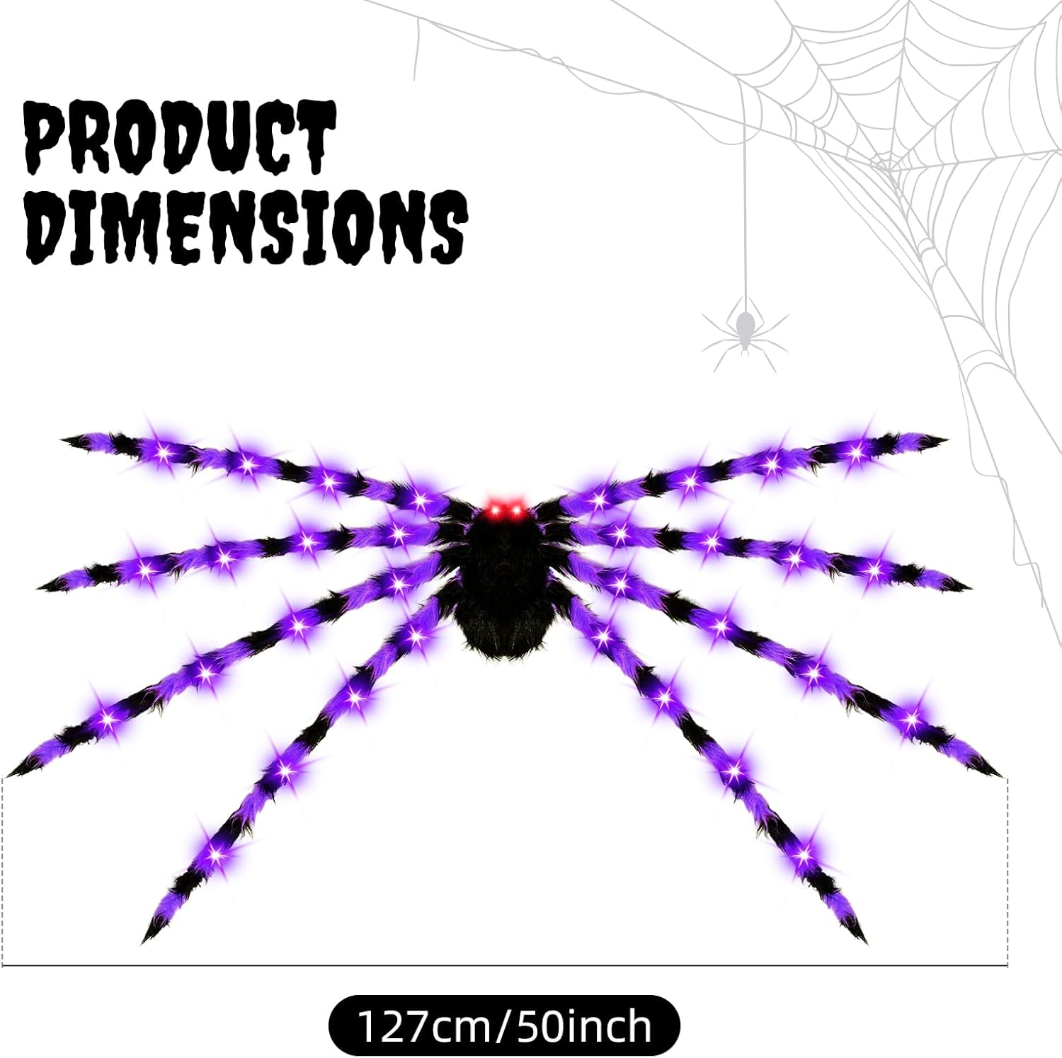 2 Pack 50" Halloween Light Up Spiders, Giant Hairy Spider Decorations with Blue and Purple LED Lights, Scary Indoor Outdoor Halloween Decor for Yard Porch Tree Party Haunted House
