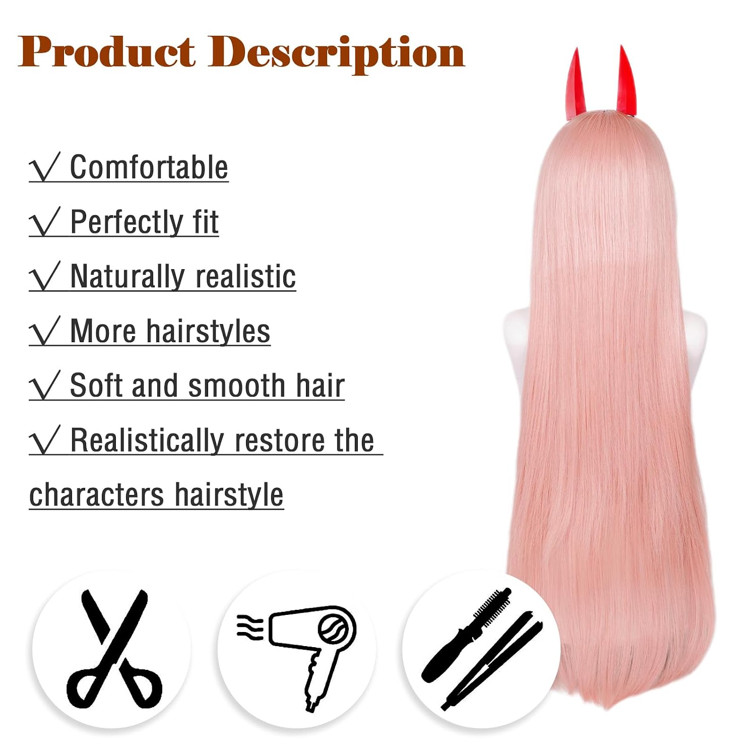 LABEAUTÉ Orange Cosplay -Power Wig + Horns for Women Girls Long Straight Ginger Anime Hair Wigs with Bangs + Cap