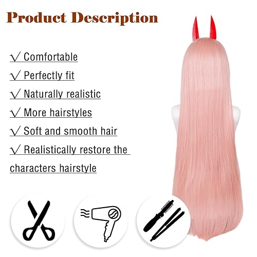 Miniatura 6 de LABEAUTÉ Peluca naranja para cosplay - Power Wig + cuernos para mujeres y niñas, pelucas de pelo largo y lacio de anime con flequillo + gorra