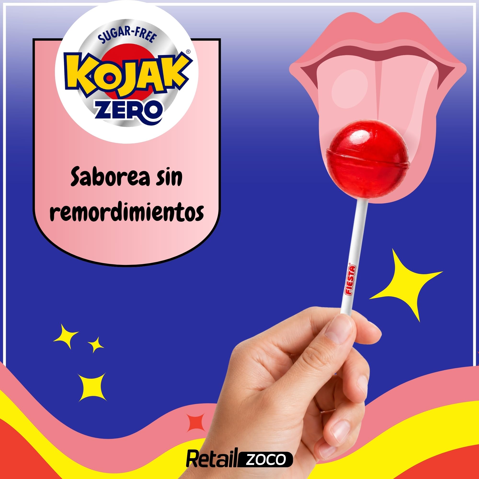 Caramelo con Palo sabor cereza SIN Azucar, Caramelo NO relleno de Chicle Kojak, Apto para veganos, sin gluten, sin huevo y sin lactosa es completamente apto para celíacos, 1 caja de 70 unidades