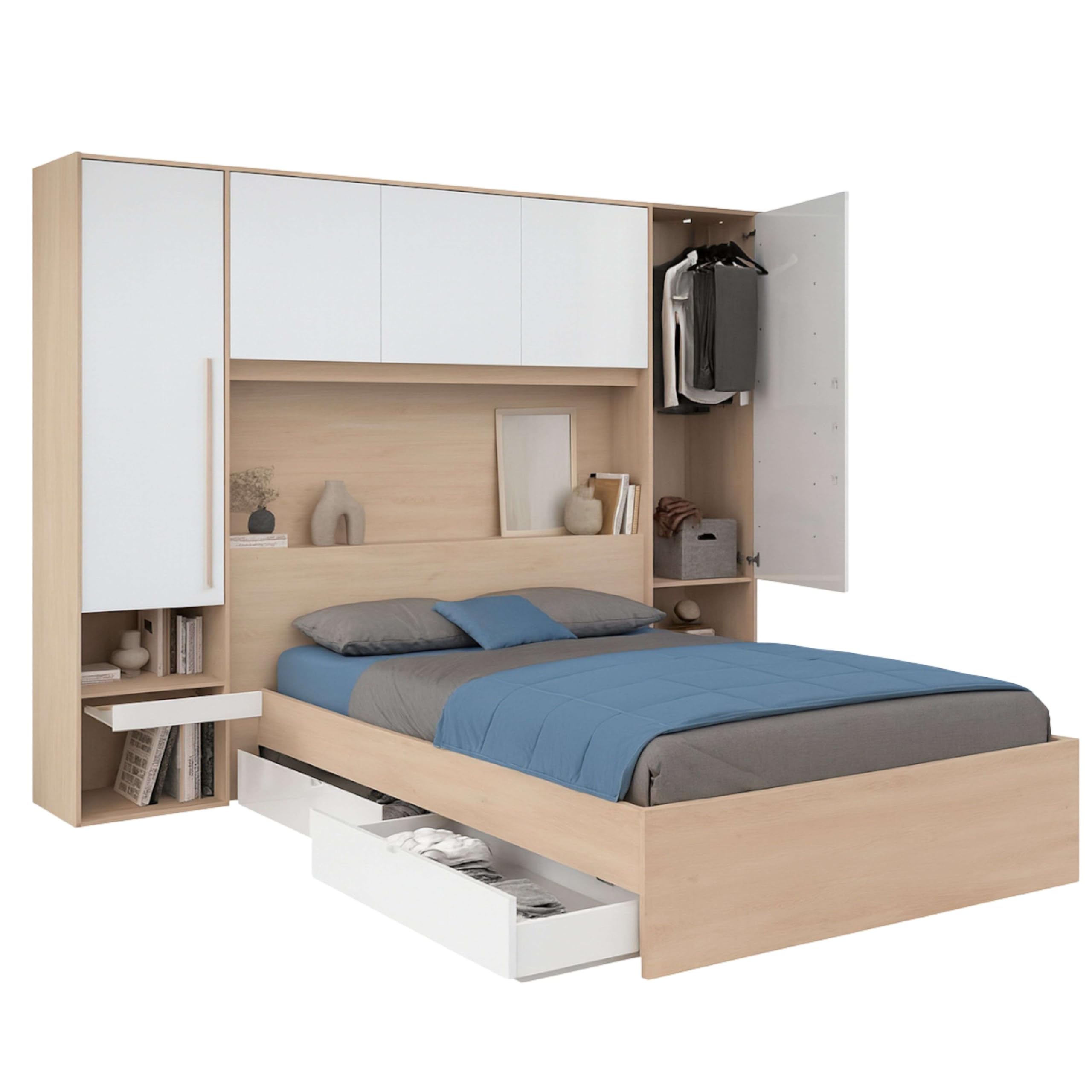 Miroytengo Pack Dormitorio Completo John Cama con cajones y Cabecero Puente Roble Brooklyn y Blanco Shiny (Cama de 160x200 cm)