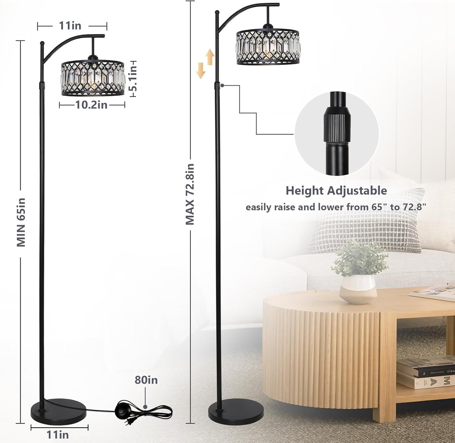 Crystal Floor Lamps for Living Room, Modern Arc Floor Lamp, Black Standing Lamp with Edison Bulb, Height Adjustable Tall Lamp for Bedroom, Corner Stand Up Lamp for Office, Arched Reading Light