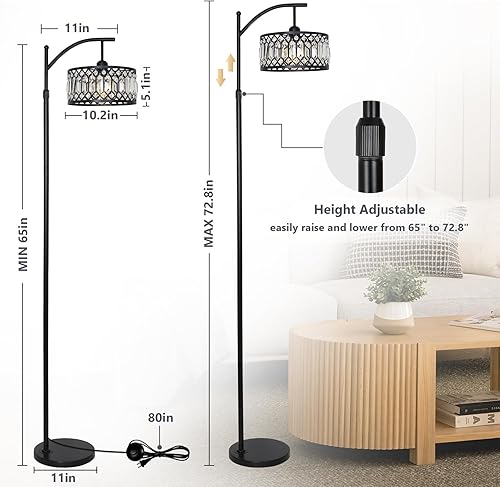 Miniatura 2 de Crystal Floor Lamps for Living Room, Modern Arc Floor Lamp, Black Standing Lamp with Edison Bulb, Height Adjustable Tall Lamp for Bedroom, Corner