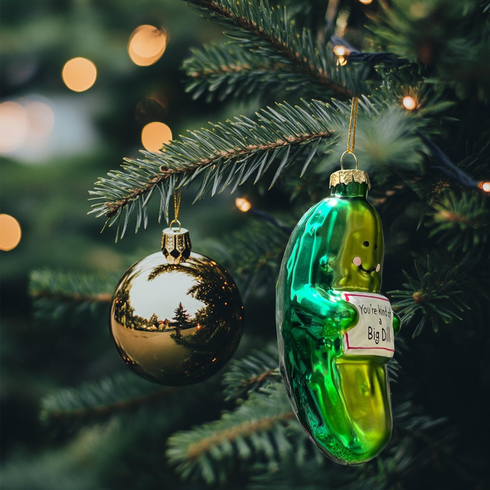Divertido adorno de pepinillo de cristal soplado a mano para árbol de Navidad, You're Kind of a Big Dill
