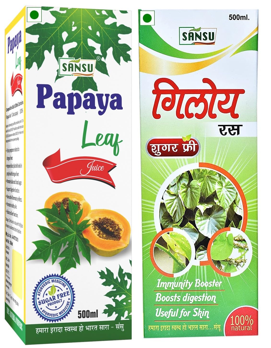 SANSU Papaya Leaf Juice for Treat Symptoms related to dengue Fever, Improve Blood Platelet levels with Giloy juice for Immunty Booster, Boost, digestion, skin, 500ml (pack of 2)
