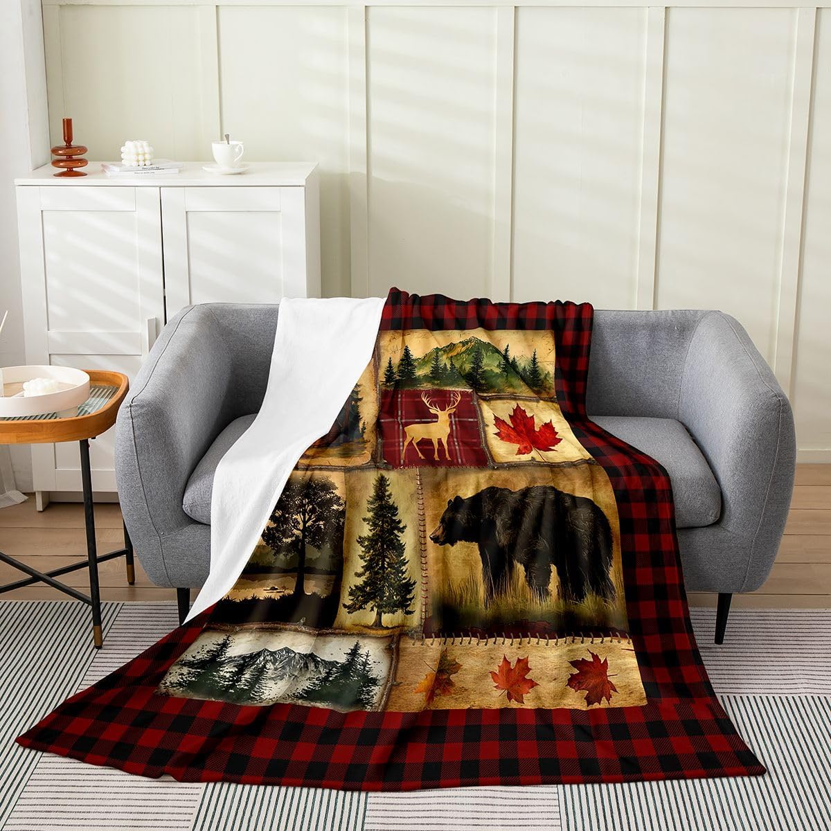 Bear Cabin Plaid Throw Blanket - Queen Size Rustic Farmhouse Fleece, Retro Hunting Deer, Country Woodland Pine Tree Flannel, Maple Leaf Lodge Decor Sherpa, Red Black Brown