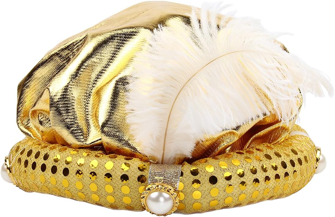 Gold Gypsy Fortune Teller Arabian Hat Feather Plume Hats Costume Set Party Decor